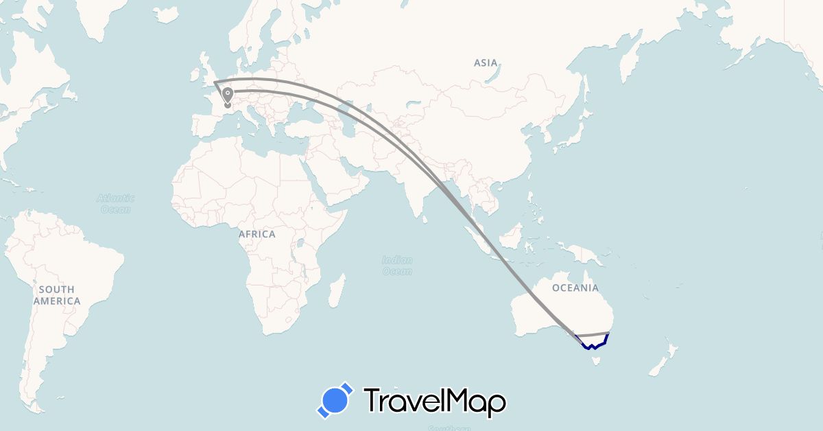 TravelMap itinerary: driving, plane in Australia, France, United Kingdom, Malaysia (Asia, Europe, Oceania)